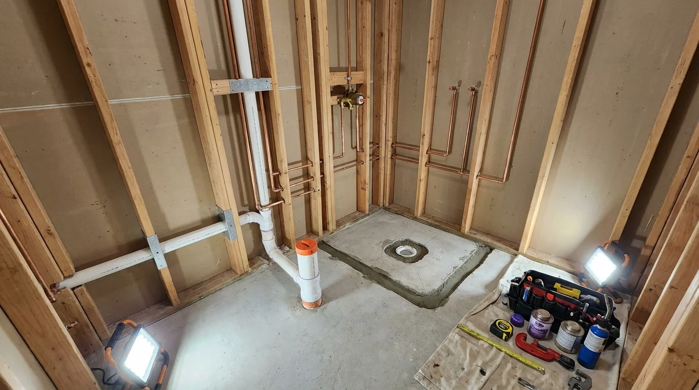 Bathroom rough-in plumbing during remodel by Johns Plumbing LLC in Centralia