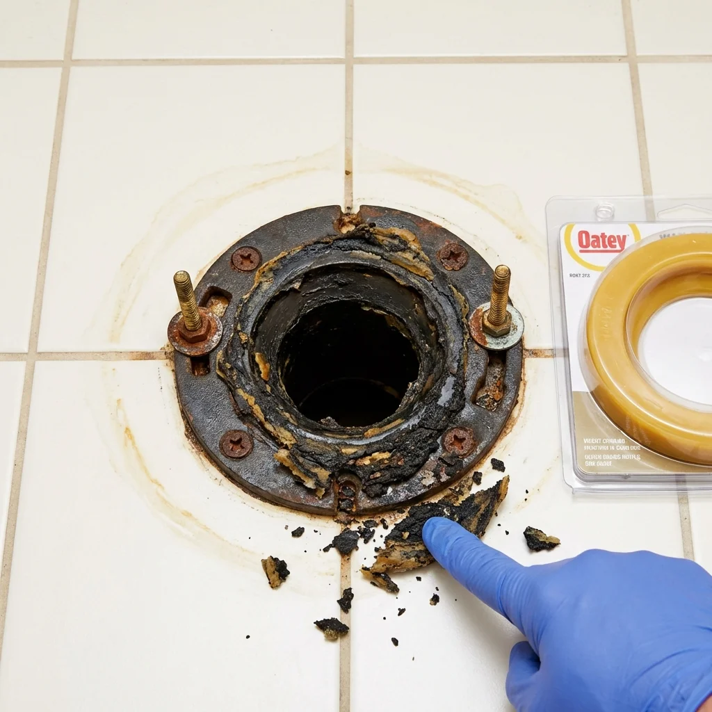 Failed wax ring showing water seepage at the base of a toilet in a Centralia, WA home
