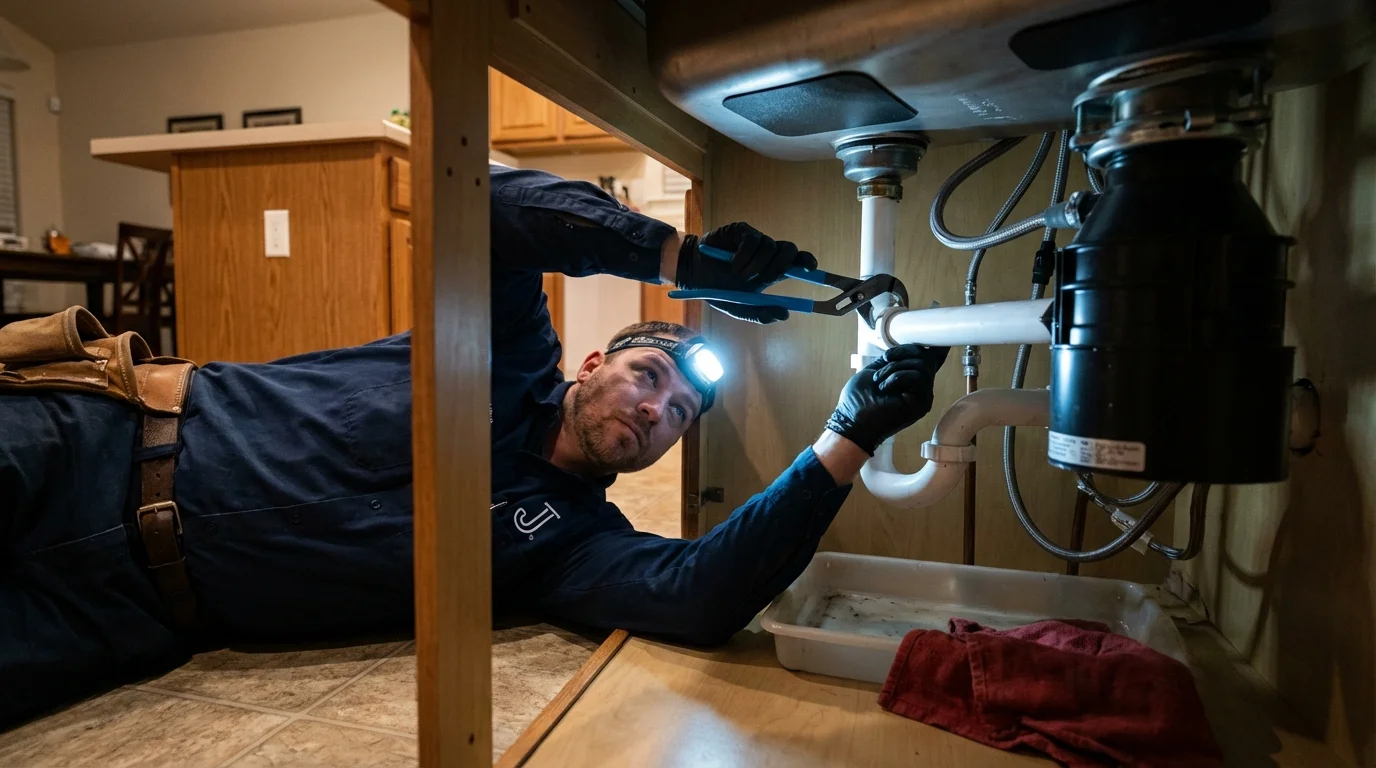 P-trap and supply line connections under a kitchen sink showing a common leak point in Centralia, WA